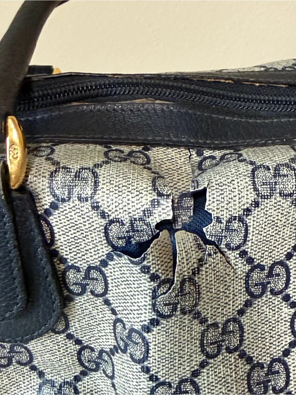 Vintage Navy Blue Gucci GG Supreme Mini Boston Bag - DAMAGED